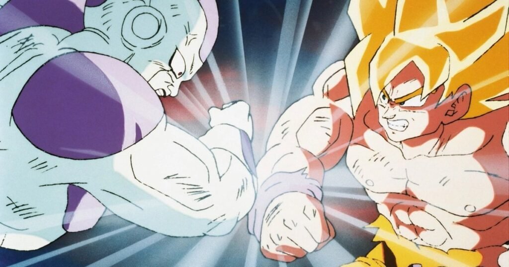 Goku Super Saiyajin e Freeza trocam golpes em Namekusei, em Dragon Ball Z