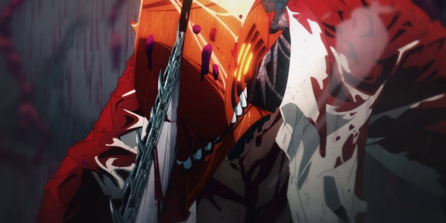 Chainsaw Man com as motosserras ligadas numa arte oficial do anime