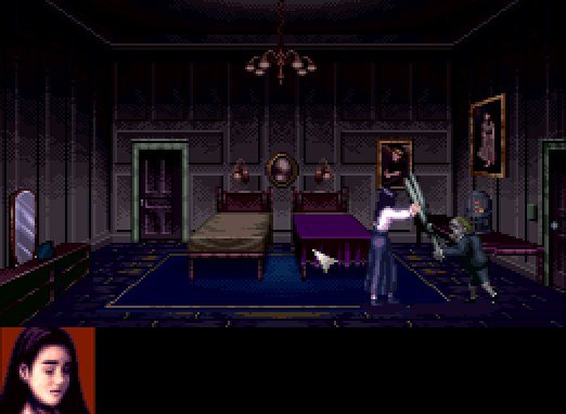 Jennifer explora um quarto da mansão Barrows em Clock Tower (Super Famicom, 1995)