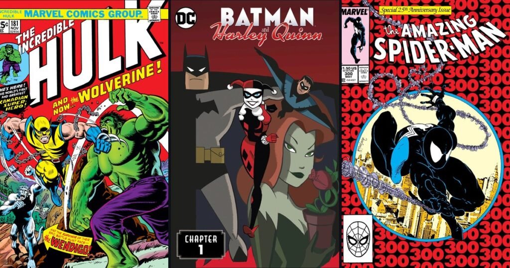 Capas de Incredible Hulk nº 181 (Wolverine), Batman and Harley Quinn nº 1 e Amazing Spider-Man nº 300 (Venom), lado a lado
