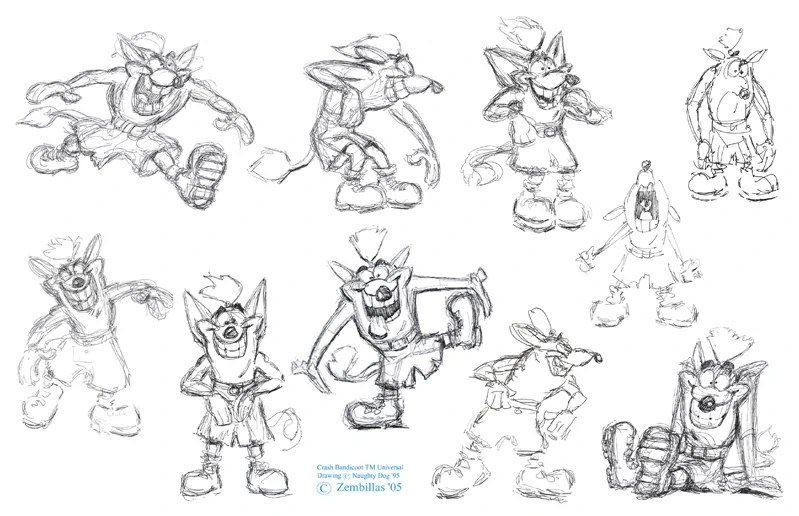 Desenhos conceituais de Willie the Wombat, o protótipo de Crash Bandicoot