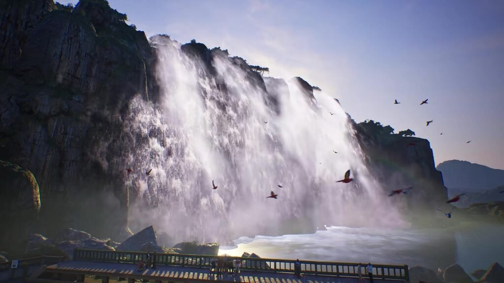 Cachoeira gigante caindo de um paredão de pedra no mapa do Brasil de Crazy Taxi: World Tour