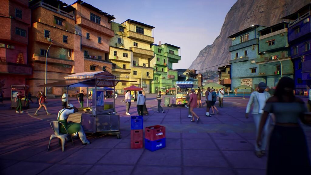 Rua de comunidade com casas coloridas no morro, barraca de lanche e pedestres no mapa do Brasil de Crazy Taxi: World Tour
