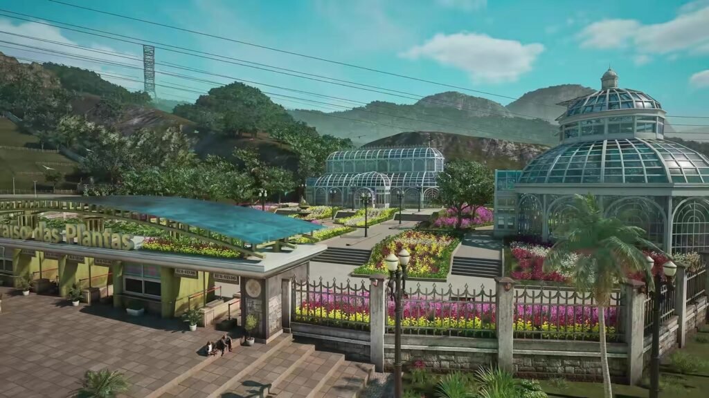 Jardim com estufa de vidro e canteiros de flores no mapa do Brasil de Crazy Taxi: World Tour