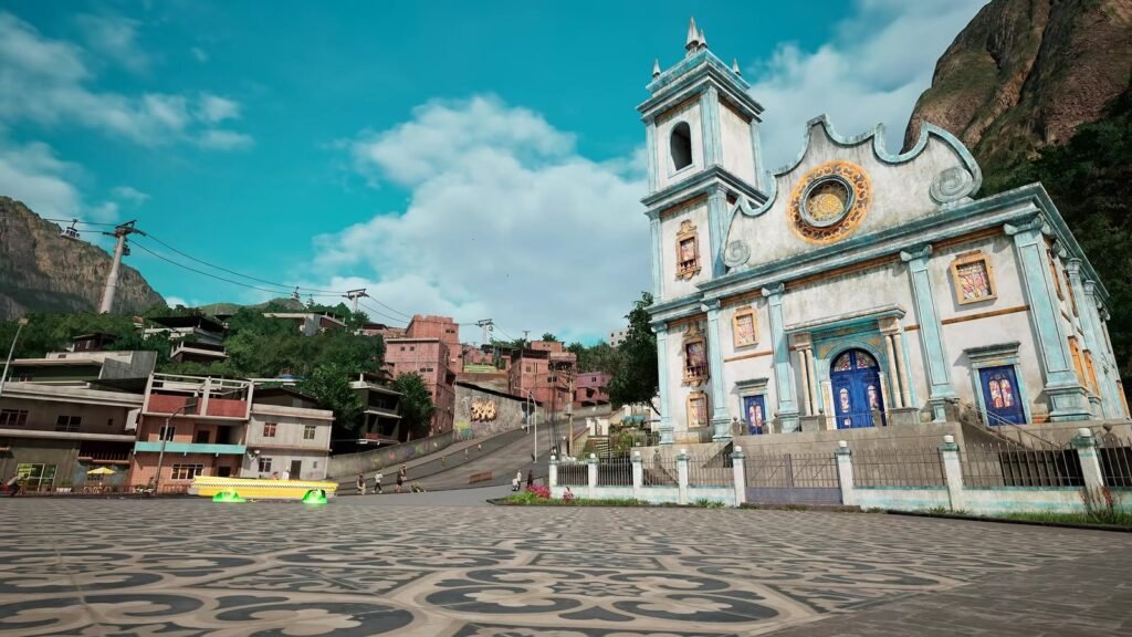 Igreja branca de estilo colonial e calçada de pedras portuguesas em ondas no mapa do Brasil de Crazy Taxi: World Tour