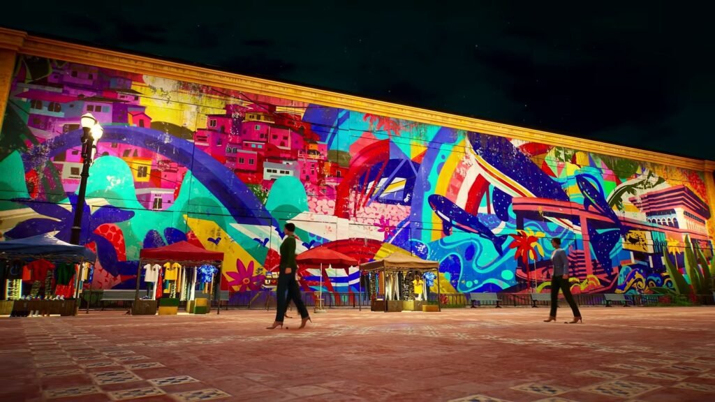 Muro enorme grafitado com casas coloridas e um pássaro azul no mapa do Brasil de Crazy Taxi: World Tour