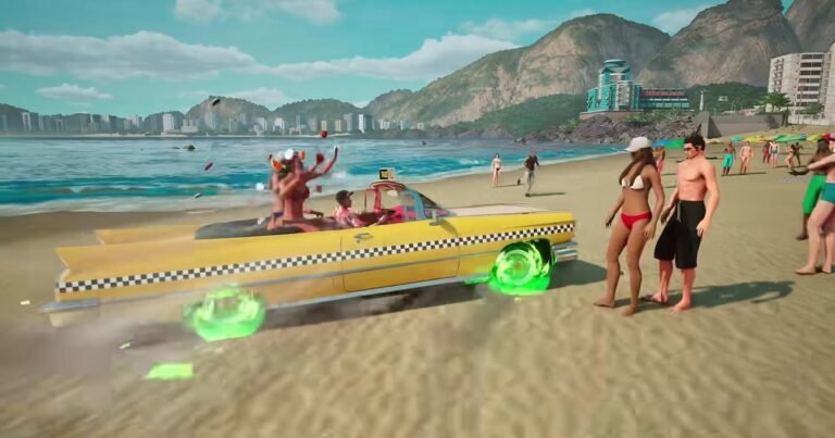 O táxi amarelo de Crazy Taxi: World Tour derrapa na areia de uma praia com morros ao fundo, no mapa do Brasil