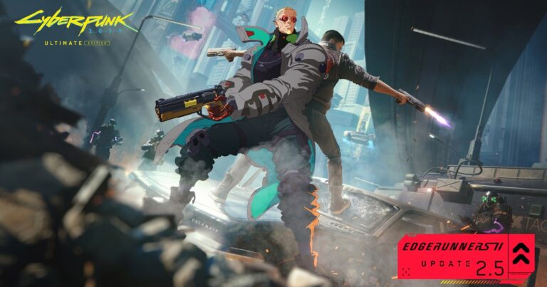 Ilustração oficial da atualização Edgerunners 2 de Cyberpunk 2077: um personagem de cabelo loiro, óculos vermelhos e casaco cinza e verde-água empunha uma pistola dourada de costas para V, que atira com uma arma em cada mão, sobre o capô de um táxi Delamain no meio de um tiroteio em Night City