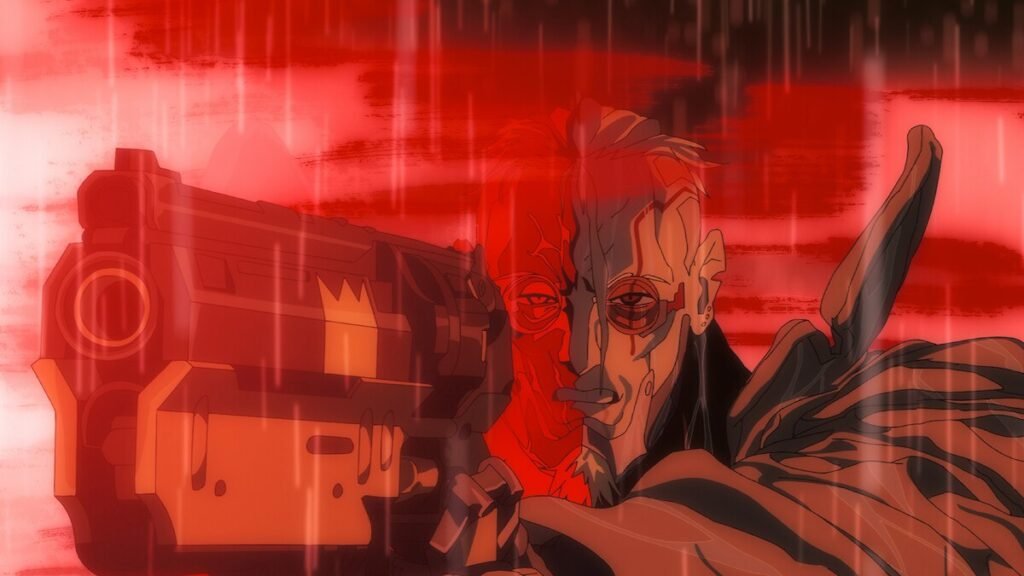 Ciborgue com cicatrizes no rosto mira uma arma futurista em cena vermelha de Cyberpunk: Edgerunners 2