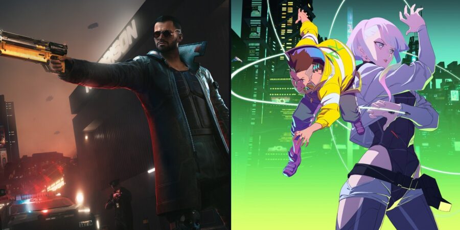 V de pistola em punho numa rua de Night City, em Cyberpunk 2077, ao lado de Lucy e David em arte oficial de Cyberpunk: Edgerunners