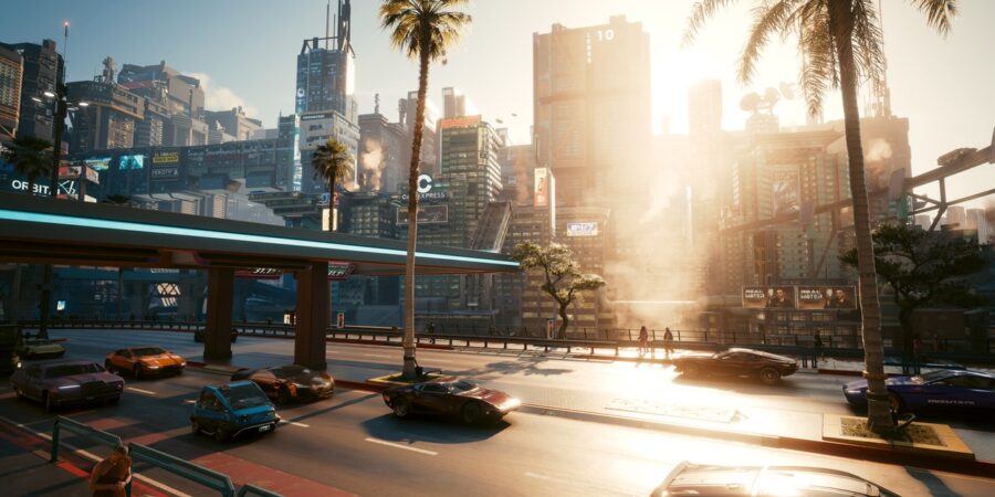 Avenida ensolarada de Night City, com palmeiras, viaduto e arranha-céus ao fundo, em captura oficial de Cyberpunk 2077
