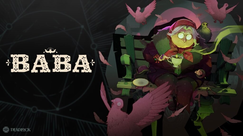 Baba, a senhora dos pombos, sentada num banco cercada de pombos rosados na arte oficial de Deadlock
