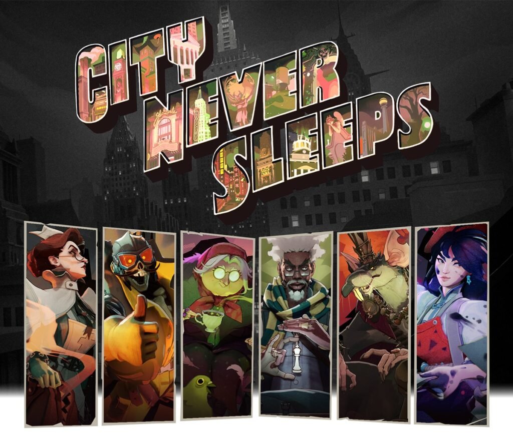 Cartaz City Never Sleeps com os seis heróis novos de Deadlock, cada um num painel vertical