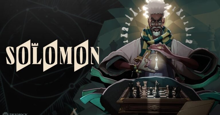 Solomon, de cabelos brancos e cachecol listrado, segura uma peça diante de um tabuleiro de xadrez na arte oficial de Deadlock