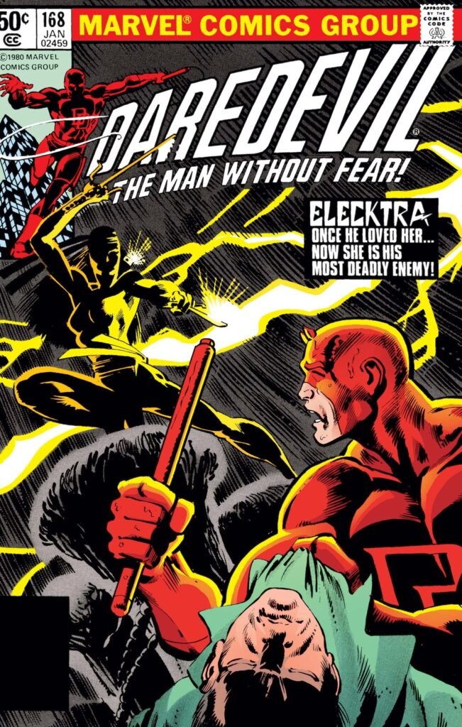Capa de Daredevil nº 168 (1981), primeira aparição de Elektra, de Frank Miller
