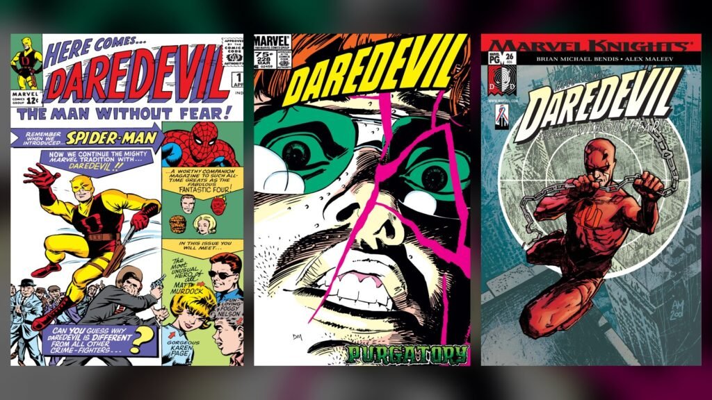 Capas de Daredevil nº 1 (1964), nº 228 (1986) e vol. 2 nº 26 (2001), lado a lado