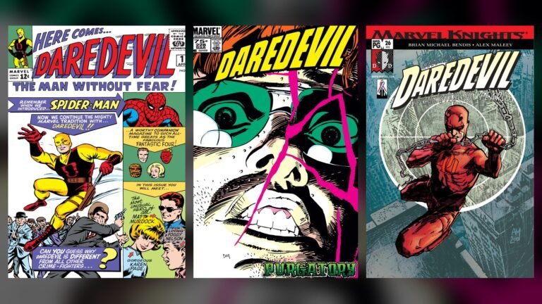 Capas de Daredevil nº 1 (1964), nº 228 (1986) e vol. 2 nº 26 (2001), lado a lado