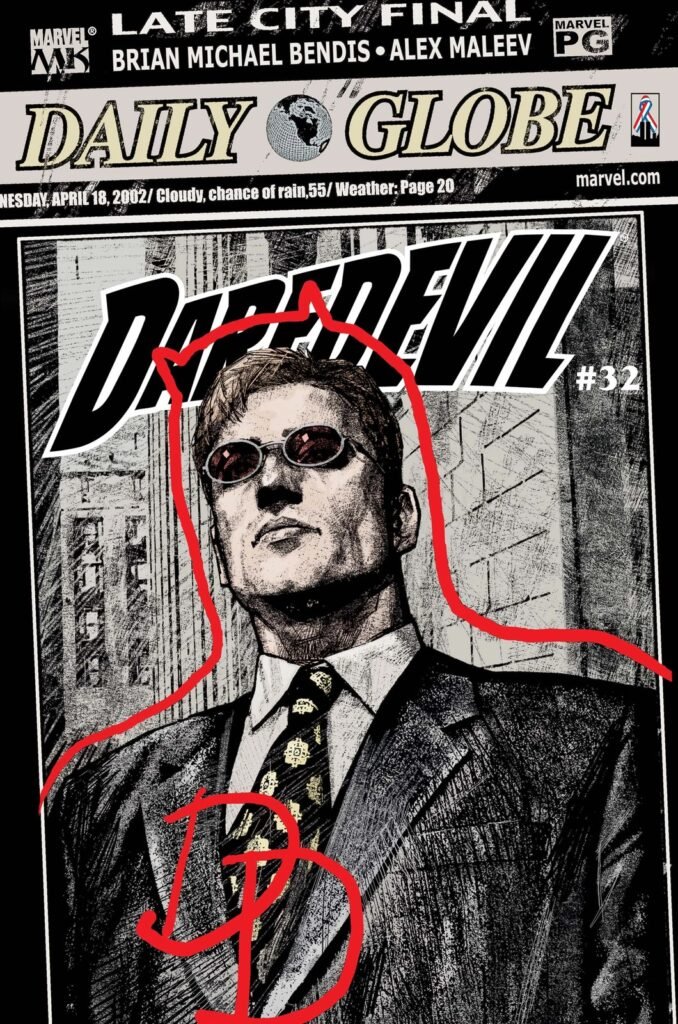 Capa de Daredevil vol. 2 nº 32 (2002), com Matt Murdock na primeira página de um jornal, de Bendis e Maleev