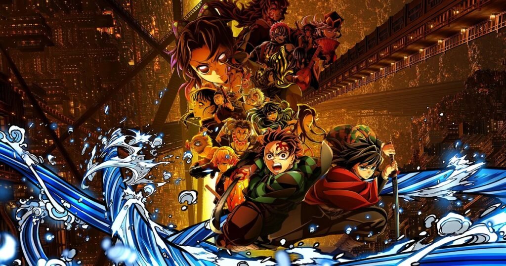 Tanjiro e os Hashira em meio às ondas de água na arte de Demon Slayer: Castelo Infinito