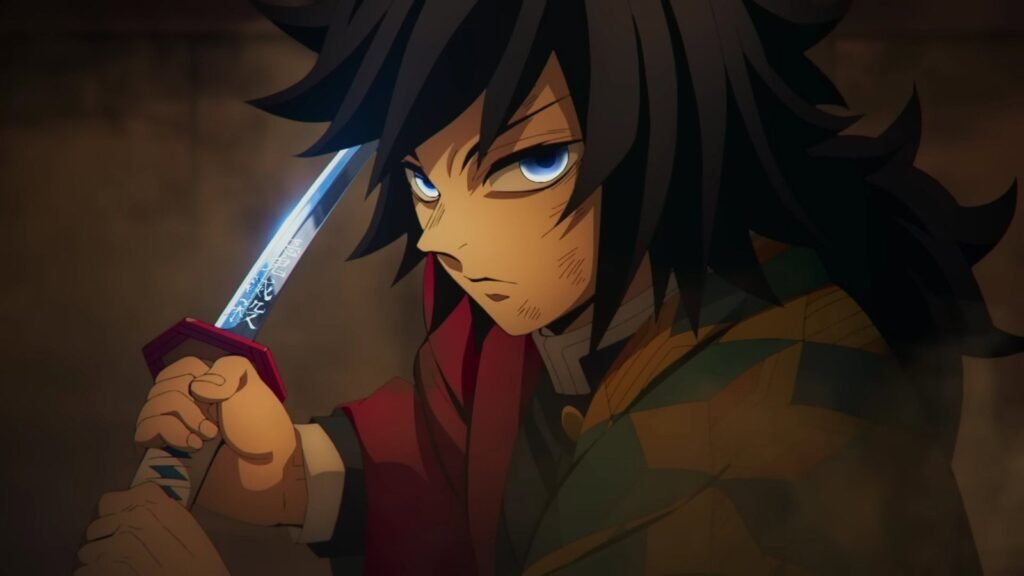 Giyu Tomioka segura a espada numa cena de Demon Slayer: Castelo Infinito