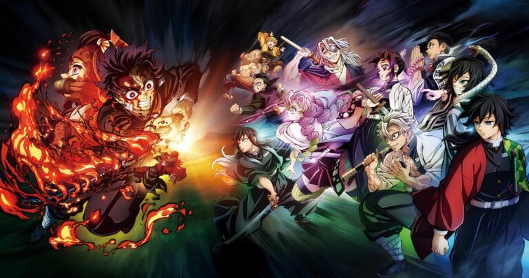 Tanjiro e os Hashira de Demon Slayer reunidos numa arte oficial cheia de chamas e cores