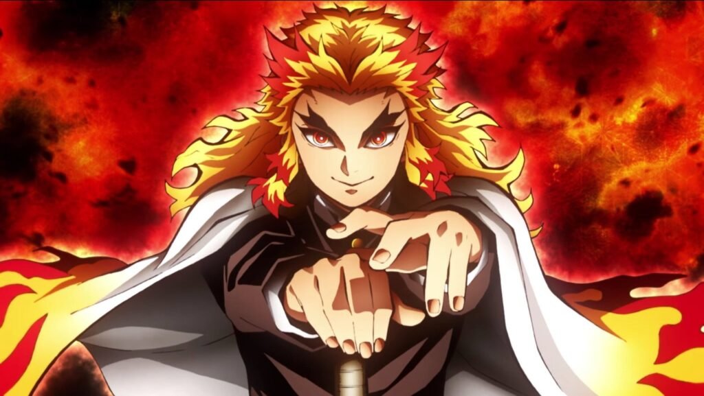 Rengoku, o Hashira das Chamas, envolto em fogo em Demon Slayer: Mugen Train