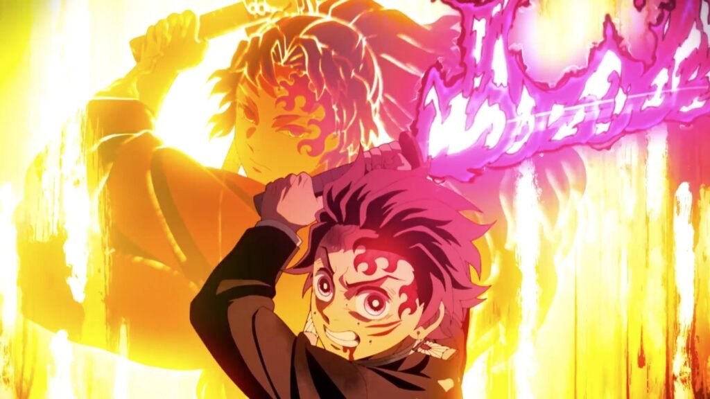 Tanjiro, com os brincos de hanafuda, tem a imagem sobreposta à de Yoriichi em Demon Slayer