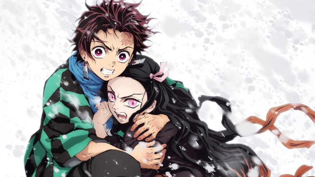 Tanjiro abraça a irmã Nezuko na neve, na arte da primeira temporada de Demon Slayer