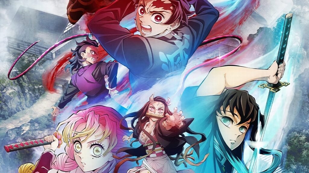 Mitsuri, Muichiro, Tanjiro e Nezuko na arte do Arco da Vila dos Ferreiros de Demon Slayer