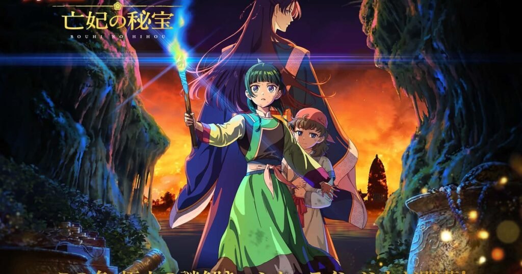 Maomao de vestido verde e Jinshi na arte principal do filme de Diários de uma Apotecária