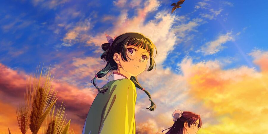 Maomao olha para trás num campo de trigo ao pôr do sol, com Jinshi de costas logo abaixo, no visual oficial da 3ª temporada de Diários de uma Apotecária