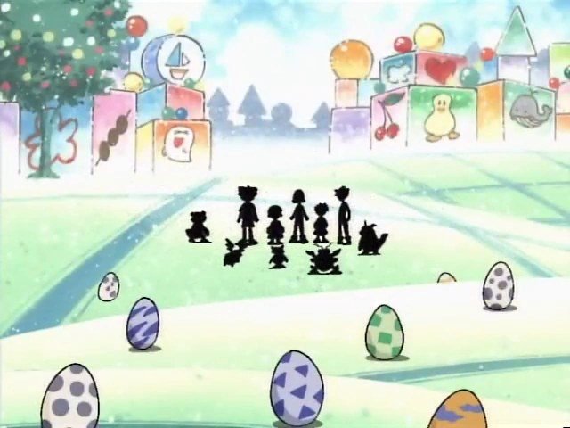 Silhuetas dos Digiescolhidos e ovos de Digimon em cena do episódio 53 de Digimon Adventure