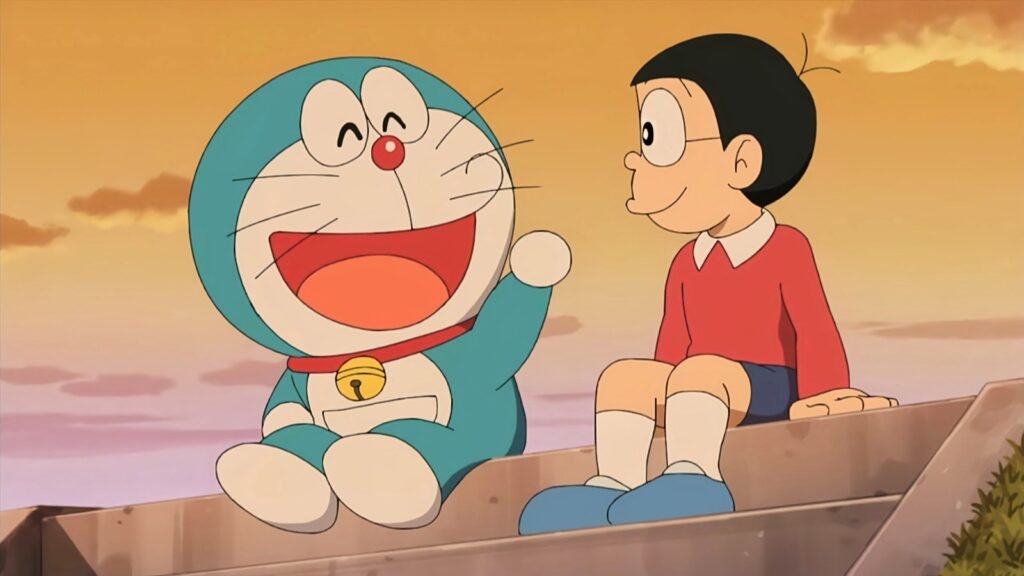 Doraemon e Nobita sentados lado a lado ao entardecer, no anime Doraemon