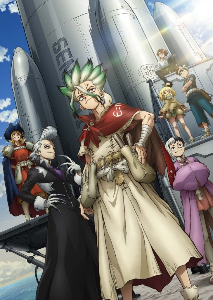 Senku, Ryusui, Gen e o elenco diante de um foguete enorme numa arte oficial de Dr. STONE