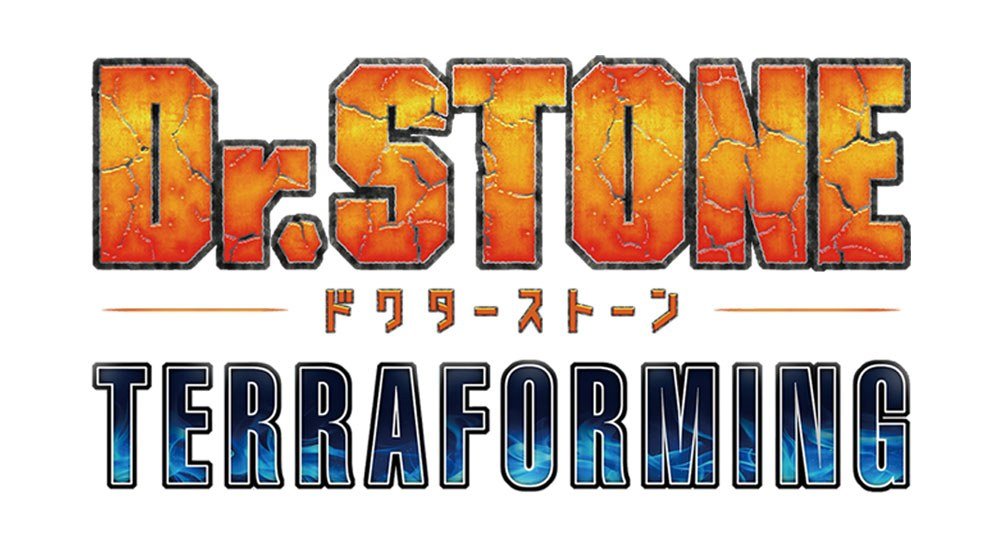 Logotipo oficial Dr. STONE TERRAFORMING em laranja e azul sobre fundo branco