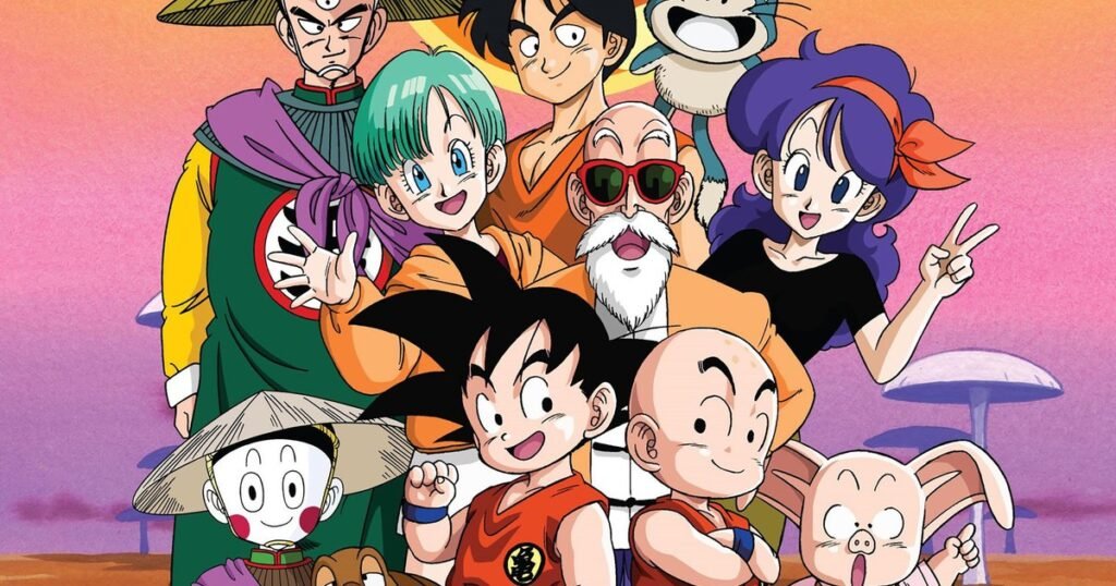 Goku criança com Bulma, Mestre Kame, Kuririn, Yamcha e amigos numa arte oficial de Dragon Ball