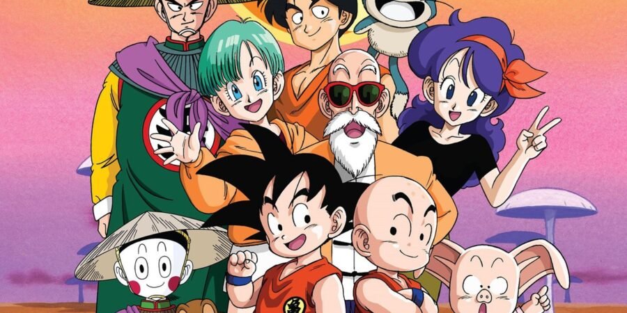 Goku criança com Bulma, Mestre Kame, Kuririn, Yamcha e amigos numa arte oficial de Dragon Ball