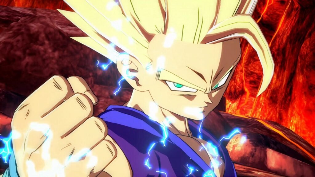 Gohan Super Saiyajin cerra o punho em close em Dragon Ball FighterZ