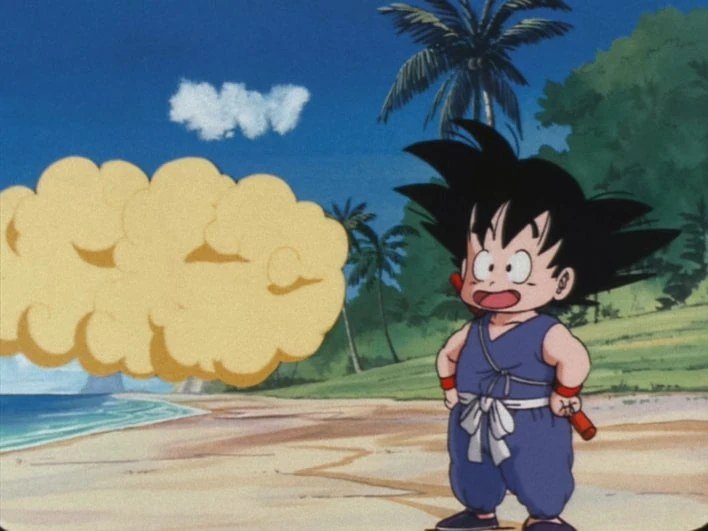 Goku criança diante da Nuvem Voadora (Kinto-un) no Dragon Ball clássico