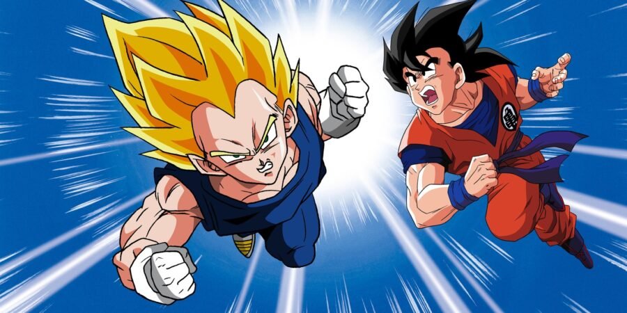 Vegeta em Super Saiyajin avança contra Goku numa arte oficial de Dragon Ball Z