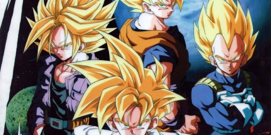 Goku, Vegeta, Gohan e Trunks transformados em Super Saiyajin numa arte oficial de Dragon Ball Z