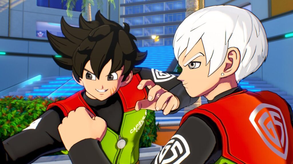 Dois personagens originais de uniforme vermelho e preto em Dragon Ball Xenoverse 3
