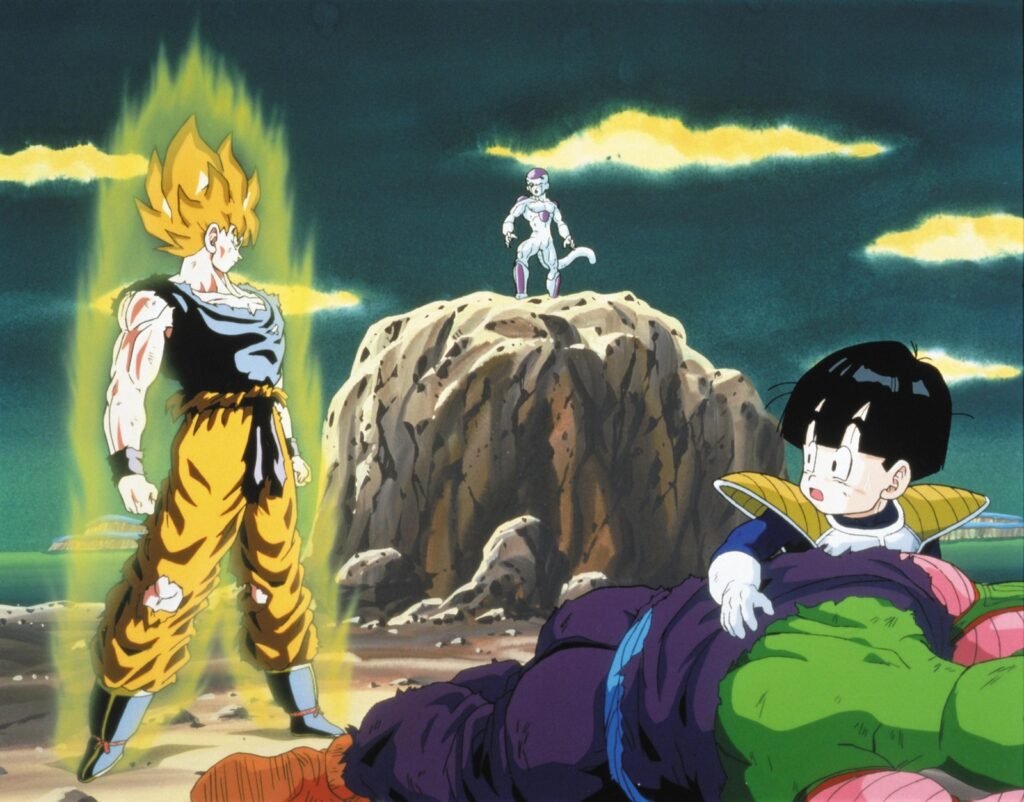 Goku Super Saiyajin de pé ao lado de Gohan e Piccolo caído, com Freeza no alto de uma rocha