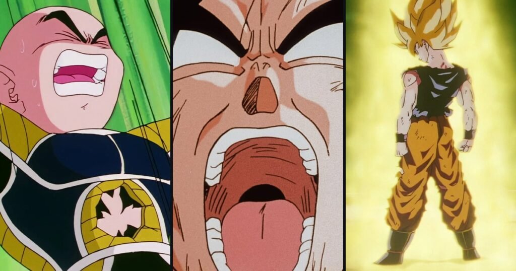 Kuririn no momento em que é atingido por Freeza, o grito de Goku e Goku já transformado em Super Saiyajin, no episódio 95 de Dragon Ball Z