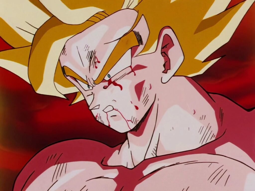 Goku transformado em Super Saiyajin, de cabelo loiro, em Dragon Ball Z