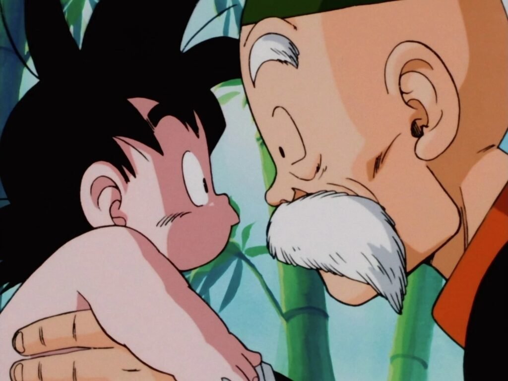 Vovô Gohan com o pequeno Goku (Kakarotto) no especial Bardock, o Pai de Goku