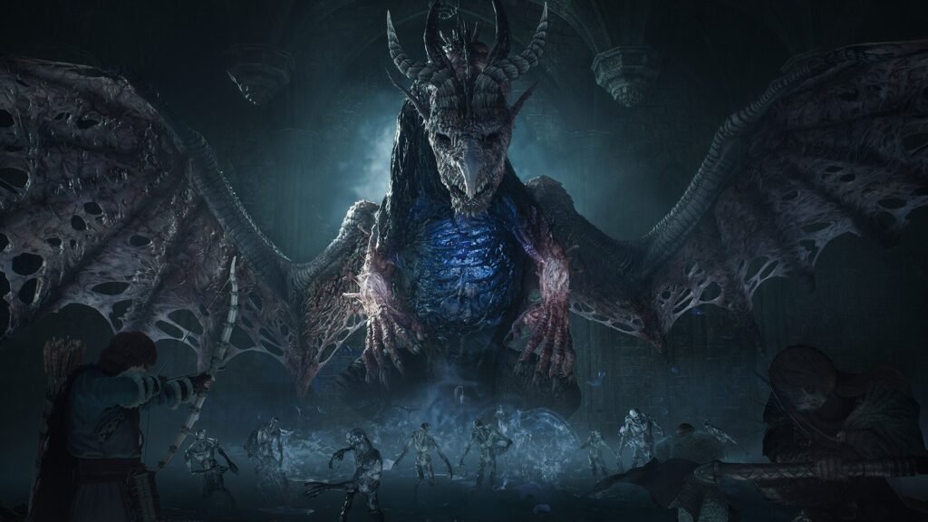 Um dragão de asas abertas e peito brilhando em azul na expansão Dragon's Dogma 2: Dark Arisen
