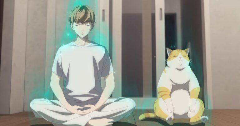 Jiwoo, de camiseta branca, medita de pernas cruzadas ao lado de Kayden no corpo de um gato laranja e branco, os dois envoltos por uma aura verde, em cena do trailer oficial do anime Eleceed