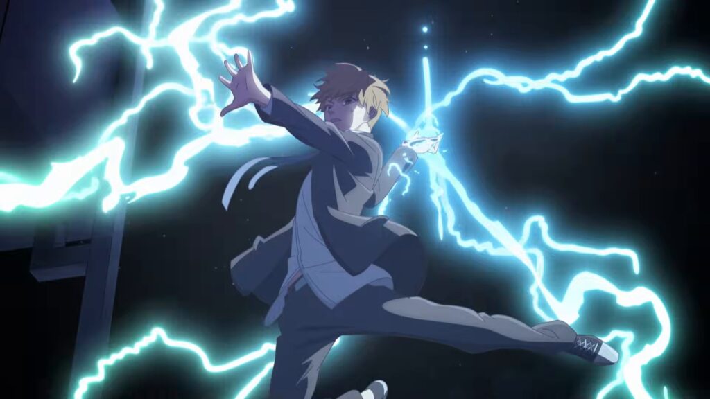 Jiwoo salta no ar dando um chute, cercado por descargas elétricas azuis em plena noite, em cena de ação do trailer oficial do anime Eleceed