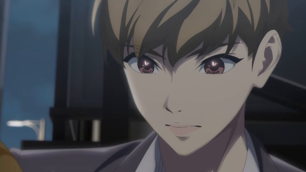 Close de Jiwoo Seo, de cabelo castanho-claro e paletó escolar, com olhar decidido numa rua à noite, em cena do trailer oficial do anime Eleceed